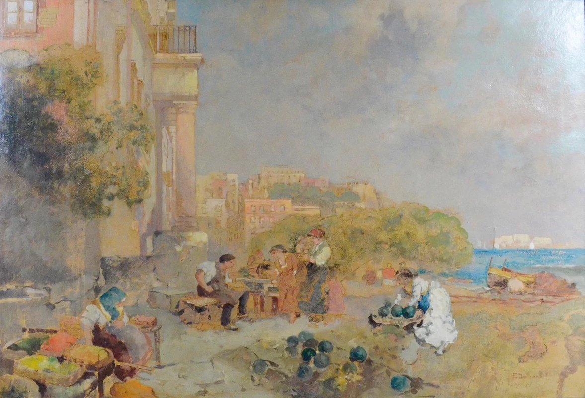 Paesaggio della costiera Amalfitana con mercato e personaggi